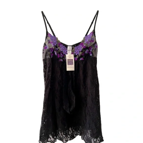 NEW Hanky Panky Babydoll & Thong Set, Black/Lavender Floral Embroidery, Size L - Picture 6 of 10